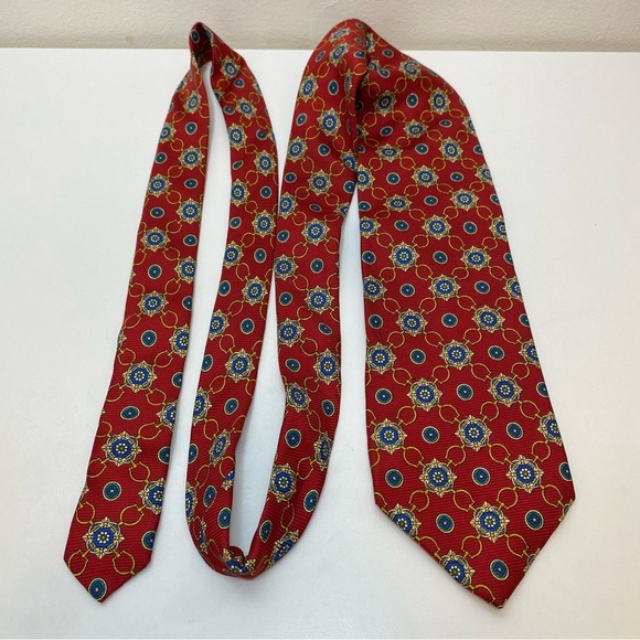 BURBERRY Vintage Rosette Geometric Floral Print Silk Neck Tie Red Gold Green - Picture 4 of 7